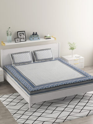 Blue & White Khadi Cotton Double Bedsheet with 2 Pillow Covers