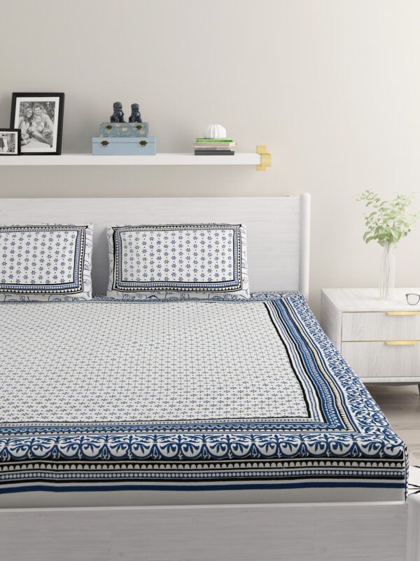 20015 Blue & White Khadi Cotton Double Bedsheet with 2 Pillow Covers