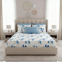 Elegance Aqua Leaf 100% Pure Cotton Bedsheet with 2 Pillow Covers – Leaf Print, Ultra-Soft & Breathable (90x100)