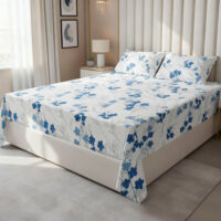 Elegance Aqua Leaf 100% Pure Cotton Bedsheet with 2 Pillow Covers – Leaf Print, Ultra-Soft & Breathable (90x100)