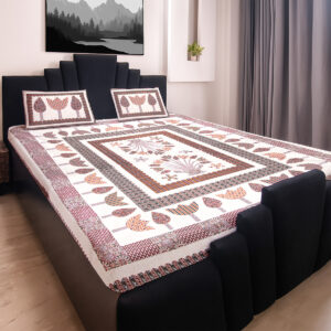 Gangaur Brown Beige Jaipuri Print Pure Cotton Bedsheet with 2 Pillow Covers