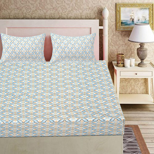 05-01 ST Cubical Blue Geometric Print 100% Pure Cotton Bedsheet with 2 Pillow Covers
