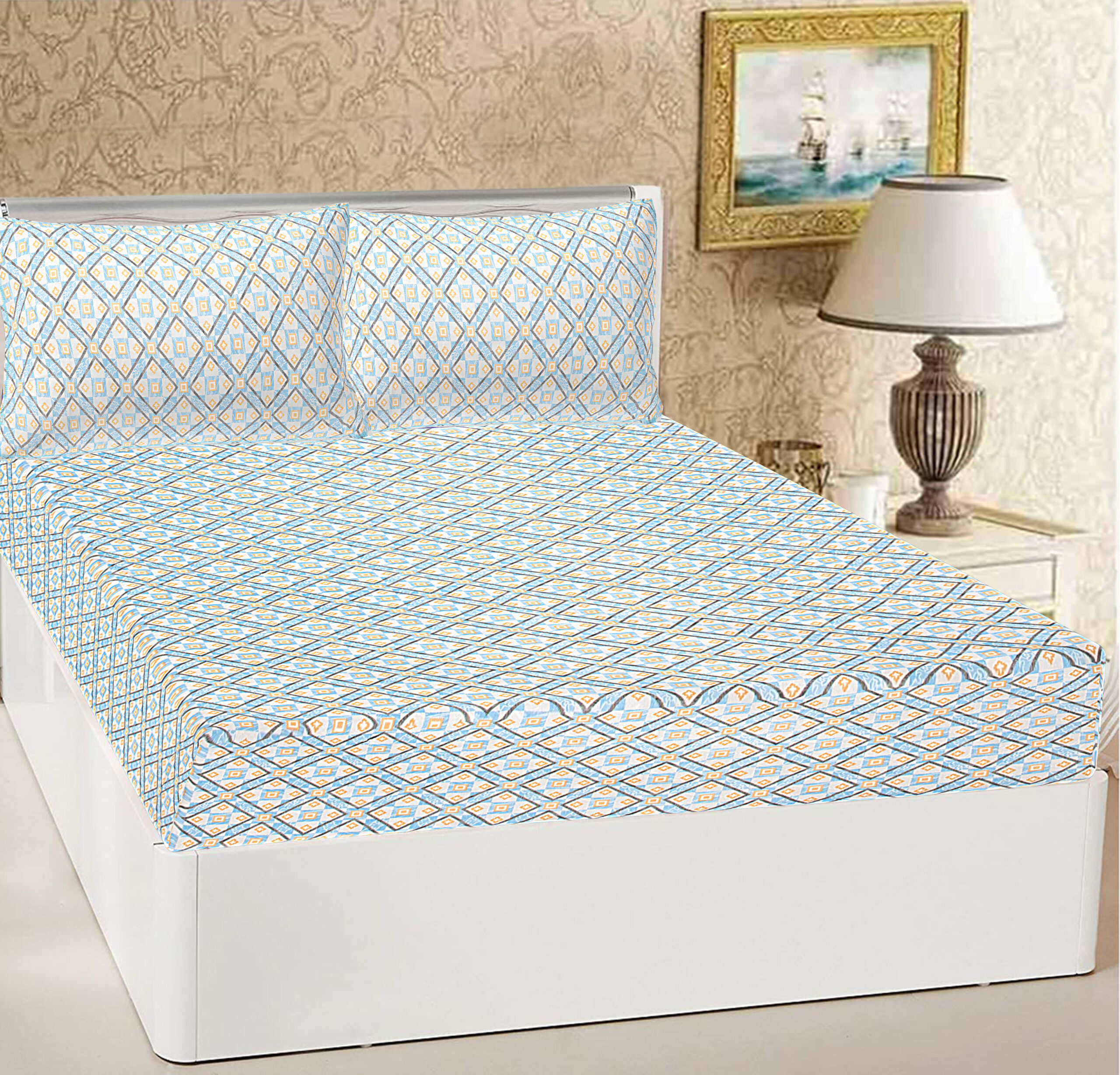 05-02 ST Cubical Blue Geometric Print 100% Pure Cotton Bedsheet with 2 Pillow Covers
