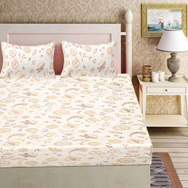 08-01 ST Coco Brown Floral Print 100% Pure Cotton Bedsheet with 2 Pillow Covers