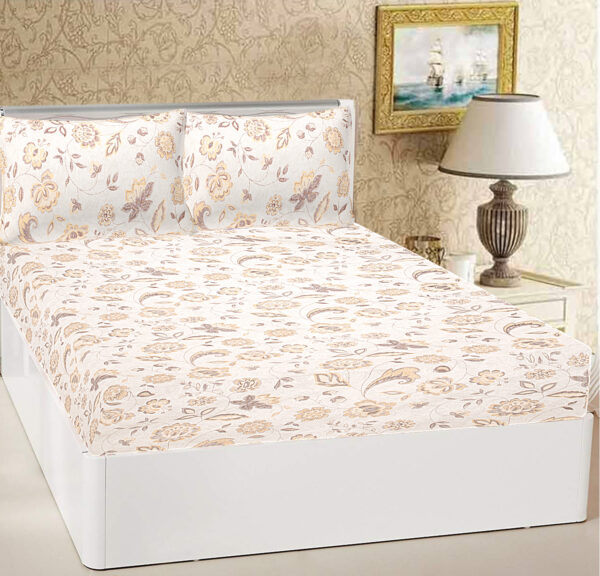 08-02 ST Coco Brown Floral Print 100% Pure Cotton Bedsheet with 2 Pillow Covers