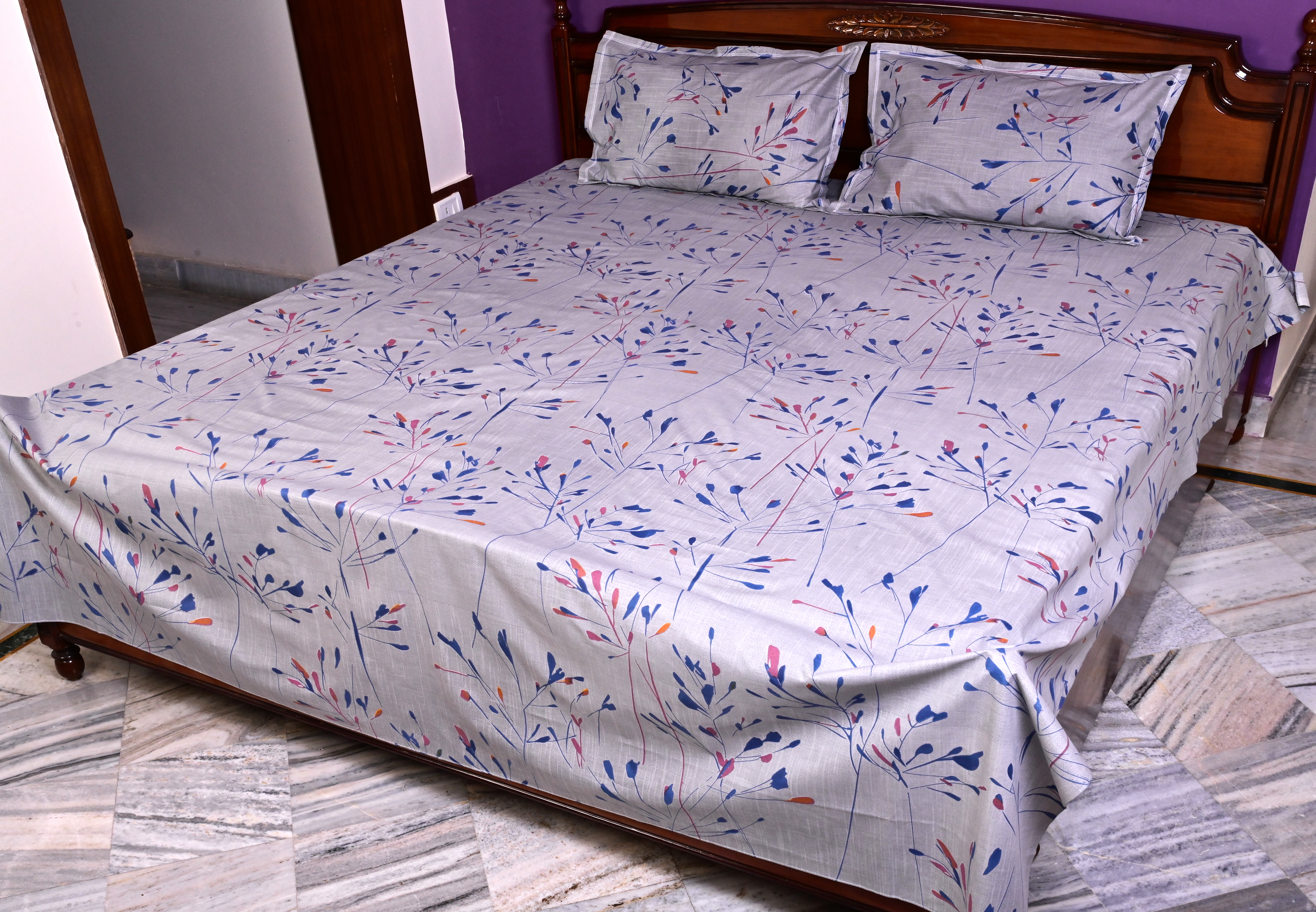 Elegance Mist Blue 100% Pure Cotton Bedsheet with 2 Pillow Covers – Ultra-Soft & Breathable (90x100)