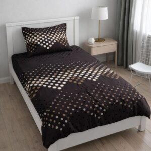 A single bed adorned with a dark brown bedsheet and pillow cover, both featuring a modern pattern of white and brown dots, in a bedroom setting.