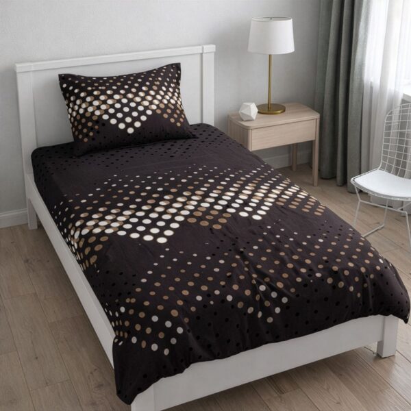 yC2LO4CsvRwI8ET7gvI7OzL1-5.jpg A single bed adorned with a dark brown bedsheet and pillow cover, both featuring a modern pattern of white and brown dots, in a bedroom setting.